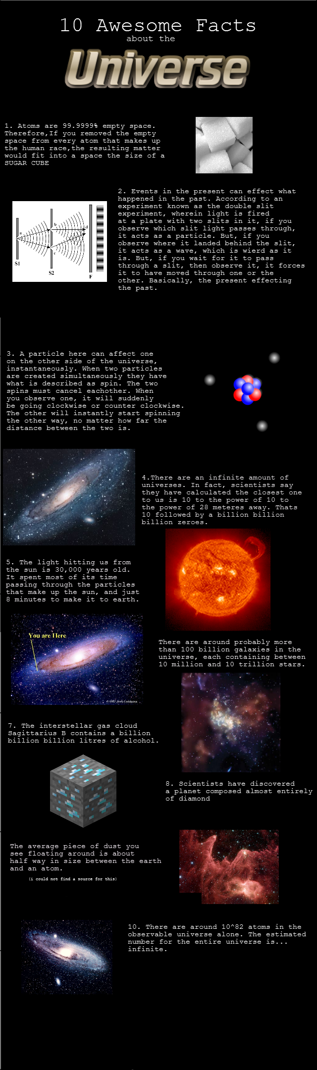 10 Awesome Facts about the Universe 10 Awesome Facts about the Universe. This took way too long to make, but all this blows my mind so i thought id share. Source for all facts: listverse.com/2007/