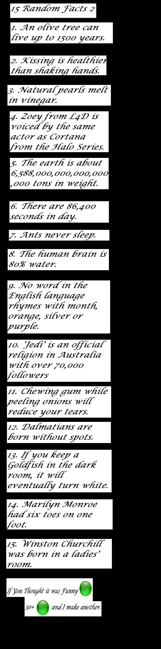 15 Random Facts Part 2 15 Random Facts Part 2. Part 1:/funny_pictures/386772/16+Random+Facts/ <br /> Numbah 2<br /> P.S. And it was meant to be only 15 facts on my last po
