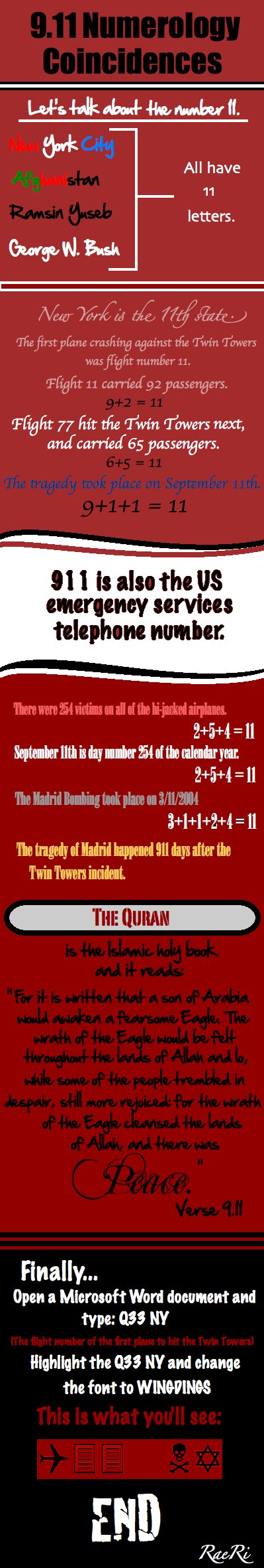 9.11 Creepy Numerology Coincidences 9.11 Creepy Numerology Coincidences. Now, these facts are as old as the tragedy itself, but once again, I'm here to compile them for you. Enjoy! <br /> Al