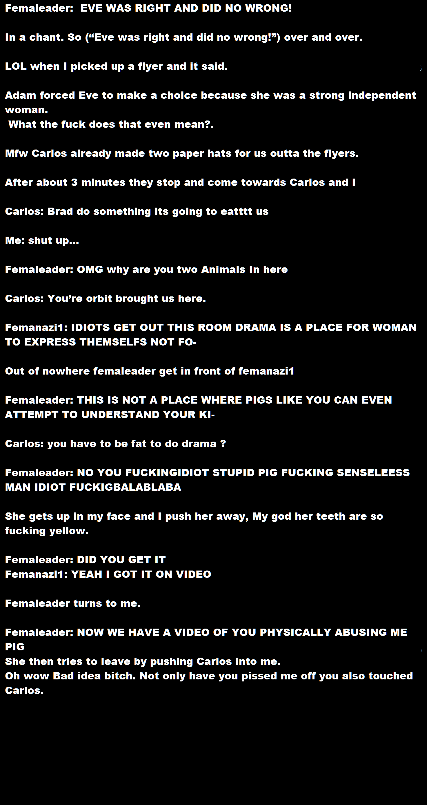 A Christmas war on Feminazis. Next one will be up soon and hell its going to be a giant story.. OK. Lets have a recap. My name is Bradley, friends call me Brad 