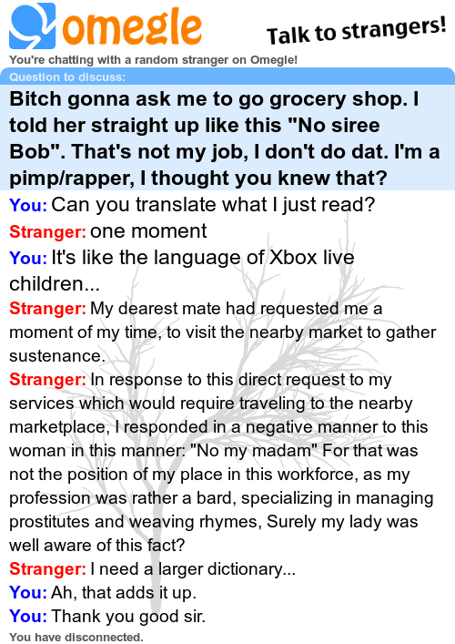 A Friendly Translator A Friendly Translator. I was going through omegle to find inspiration to make funny content, went through the questions that were stupid, sexual, or often both,