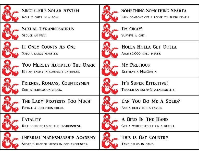 Achievements D&D. . KILL AN WHERE ENEMY WITH A HEAD SHUT. FRIENDSHIP IS MAGIC SAVE A PC IN NEED. 20% COOLER GET A BETTER SET OF ARMOR, NOTHING Is TRUE KILL AN N