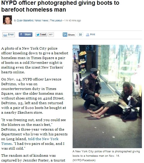Act of Random Kindness Act of Random Kindness. Got a feel out of this. Full story here: news.yahoo.com/blogs/lookout/nypd-boots-homeless-man-photo-145219581.html. HYPE of' photographe