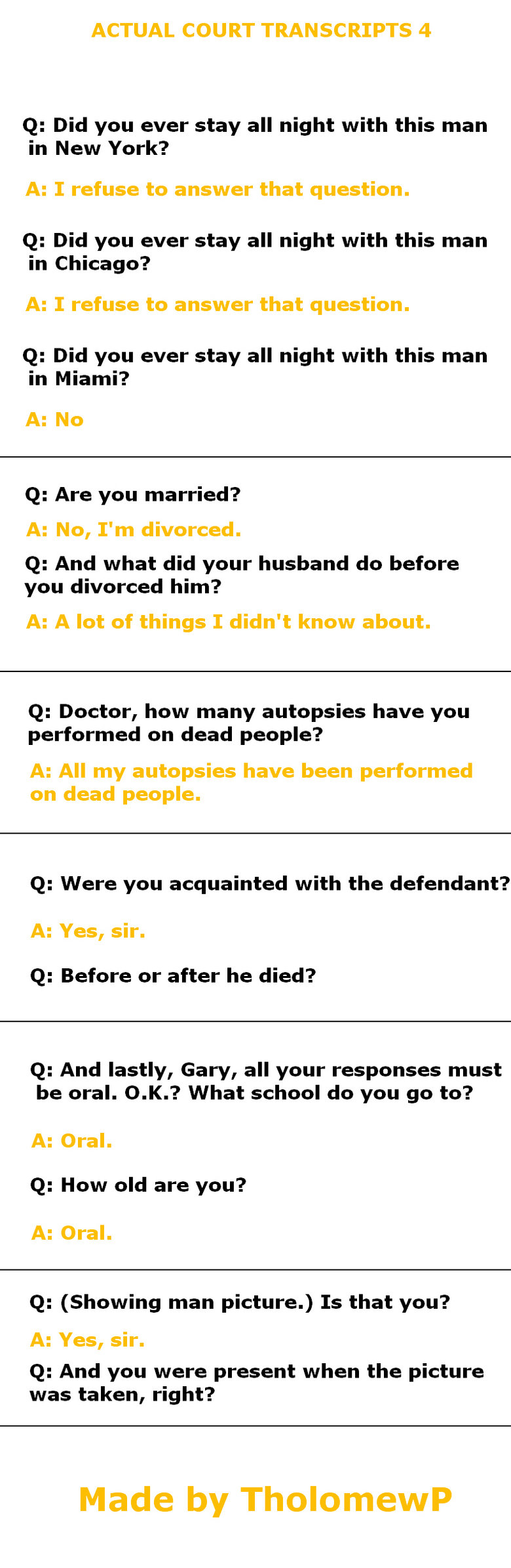 Actual Court Transcripts 4 Actual Court Transcripts 4. Part five here:<br /> /funny_pictures/945749/Actual+Court+Transcripts+5/<br /> Part one is here:<br /> /funny_pict