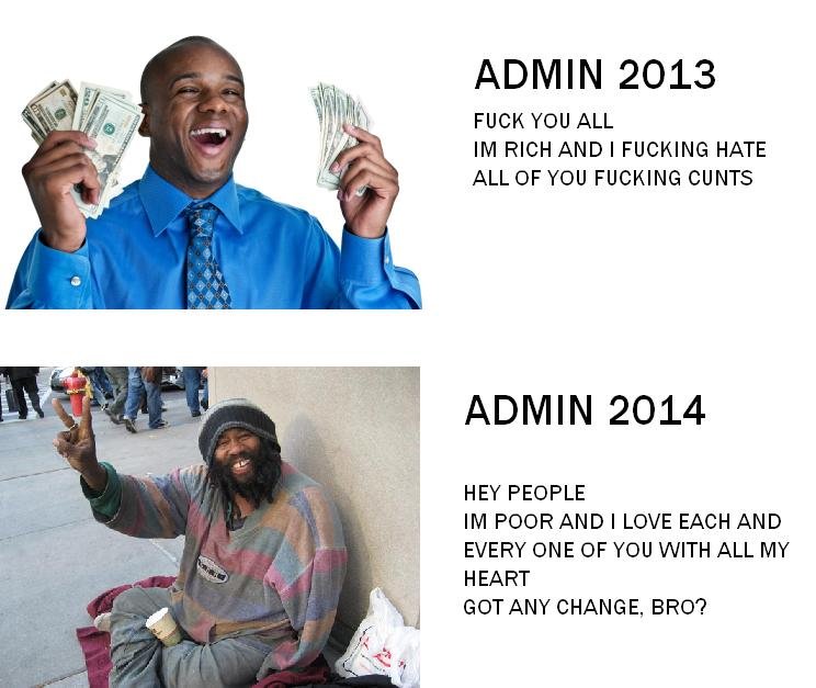 Admin in a nutshell Admin in a nutshell. Well, i think the times and circumstances show how the sides of the scale have tipped for admin....in 2013 and earlier he had alot of money