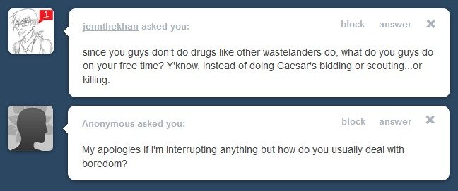 ask a fruitmeatairee anything. ask-vulpesinculta.tumblr.com/ theres a lot more but I only posted what I liked.. thelizardlord Bruh. Other people are posting more fallout stuff than you, where have you gone?