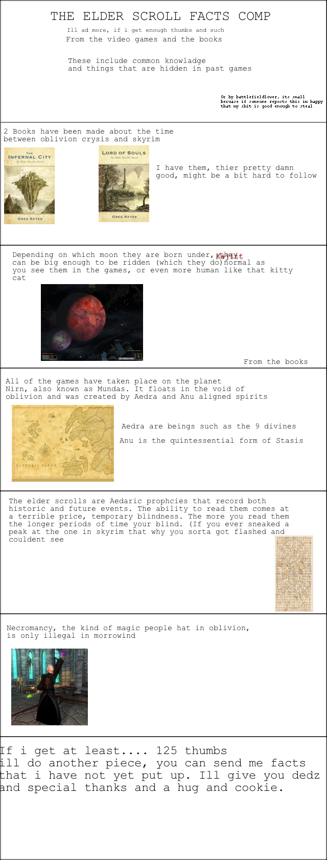 Elderscrolls Facts comp Elderscrolls Facts comp. i changed my mind, 50 for another. Send me a pm with ELDER SCROLLS FACT and il give you dedz, thanks, and a cookie UESP i give you dedz