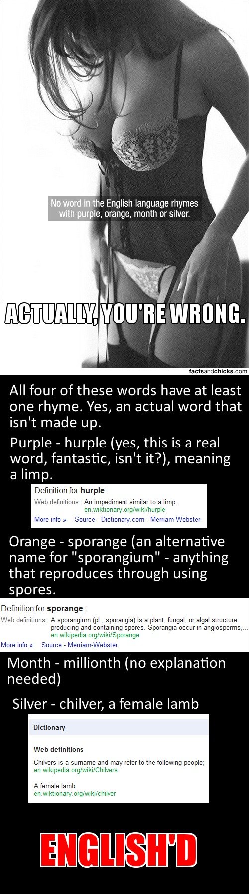 English'd English'd. TL;DR: Boobs. So-called "fact" from factsandchicks.com. HOLY FUZZY FRONT PAGE. Thanks guys . All four of these words have at least one rhym