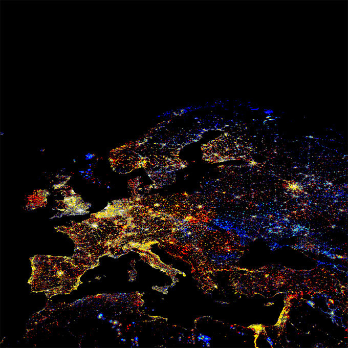 Europe by night Europe by night. Credit to Zupi. For Asia: /funny_pictures/2886749/South+East+Asia+by+night/ For South America: /funny_pictures/2886750/South+America+by+night/