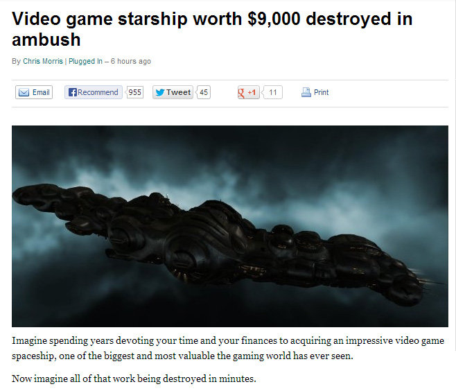 EVE Online EVE Online. I'll never complain about losing my progress again... Source: games.yahoo.com/blogs/plugged-in/video-game-starship-worth-9-000-destroyed-ambush-1905