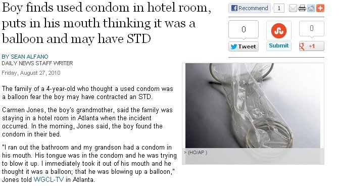 I just.. wat I just.. wat. The Ironic thing is, Condoms are supposed to protect from STD's Full Story : . Boy finds used condom in hotel ,, puts in his mouth thiinking it wa