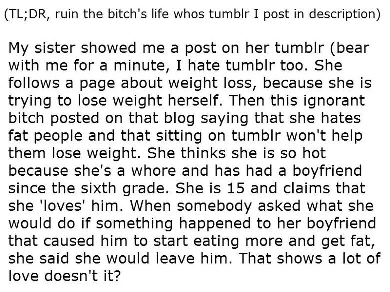 Ignorant bitch needs a lesson Ignorant bitch needs a lesson. (first post on weight loss blog) (her second post on weight loss blog) (dumb bitch's blog). TL; DR, ruin the bitch' s life whos t