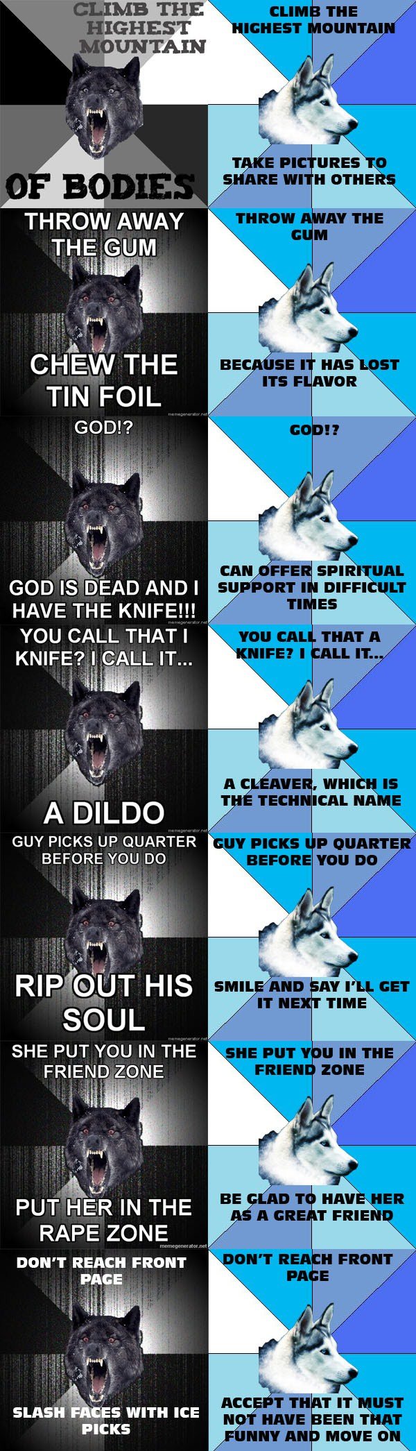 Insanity vs Sensible Wolf Insanity vs Sensible Wolf. Sorry for creating a new meme or whatever i just thought it was funny. I won't do it again<br /> /funny_pictures/602244/Faceboo