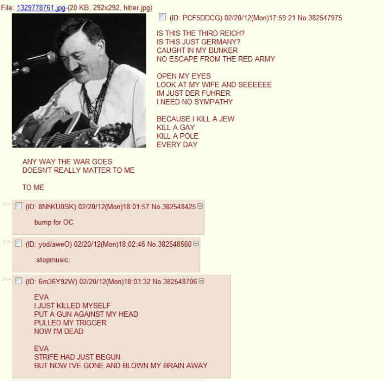 Is this the third reich? Is this the third reich?. EVA STRIFE HAD JUST BEGUN BUT NOW I'VE GONE AND BLOWN MY BRAIN AWAY EVA OOOOOOooooooOOOOOOOOOO DIDN'T MEAN TO MAKE YOU CRY IF JEWS ARE