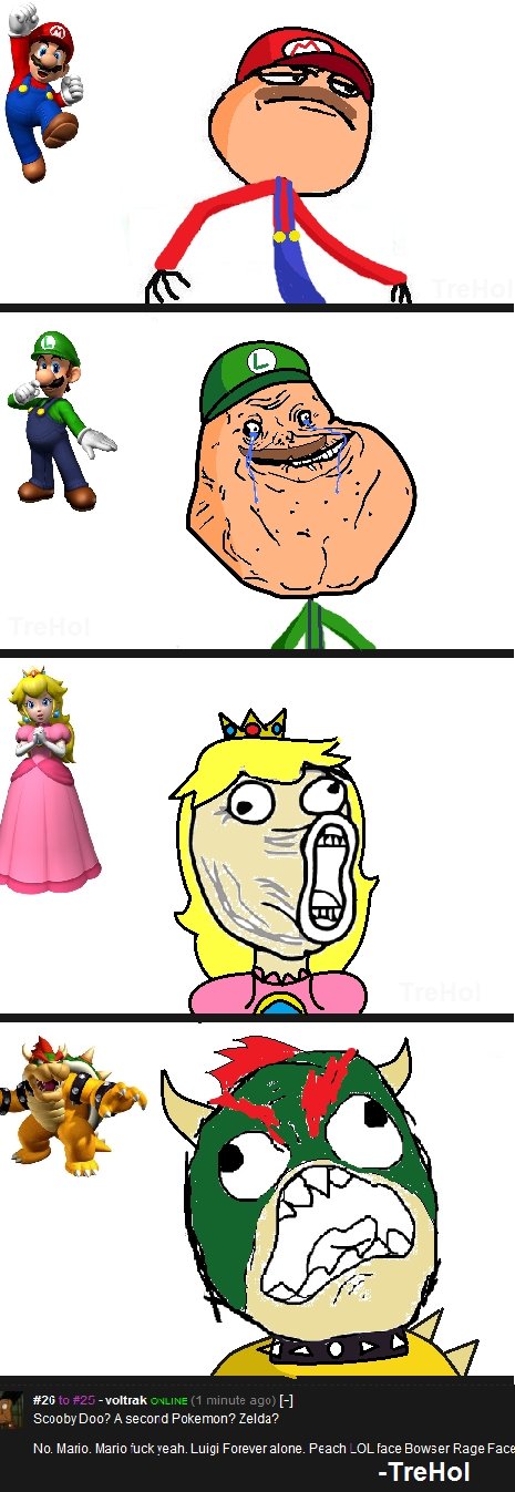 Mario, Luigi, Peach, and Bowser Mario, Luigi, Peach, and Bowser. PLEASE READ: One of my best friends on here is leaving, SomeNewGuy. He thinks FJ has gotten boring. So if you guys could try to