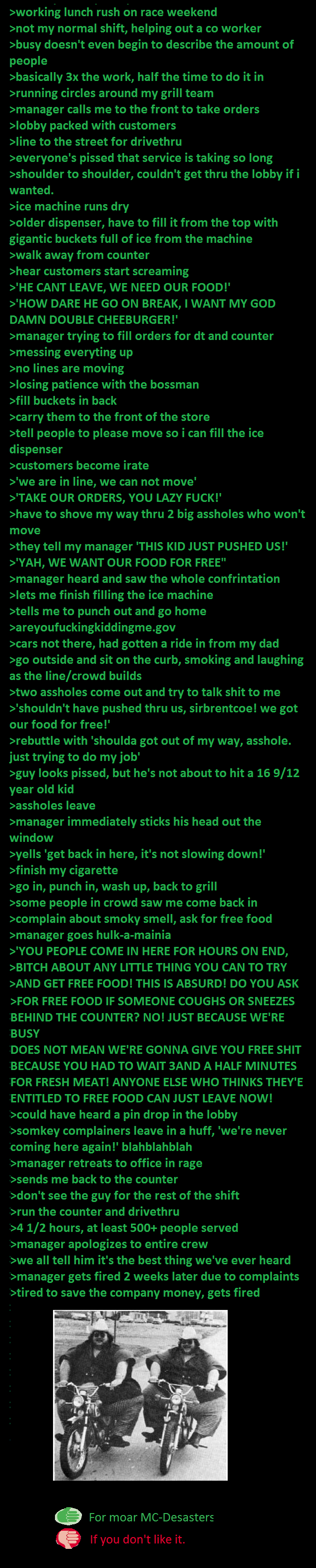 McDisasters 7: Race Weekend Madhouse McDisasters 7: Race Weekend Madhouse. Another anecdote from my days as a fry cook at the D. I might have to back off on these for a little while, work's been cr