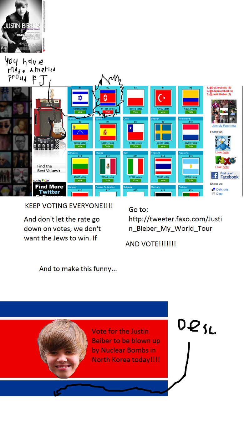 Updates on Justin Beiber and North Korea Updates on Justin Beiber and North Korea. tweeter.faxo.com/Justin_Bieber_My_World_Tour<br /> go there to vote now!!!!!!!!!!!!<br /> encyclopediadram