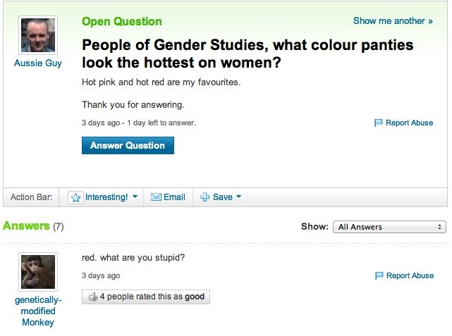 Yeah, Gender Studies! Yeah, Gender Studies!. Dig this FailAnswer? Check us out at Help us out by submitting funny FAs that you find, plz!. Eileen linemen Shaw me another at Female Ge