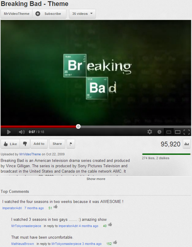 YouTube Comments YouTube Comments. I couldnt stop laughing for some reason when i read the comments www.youtube.com/watch?v=HEmx23LwFhI. Breaking Bad - Theme Subscribe _ EWN rea